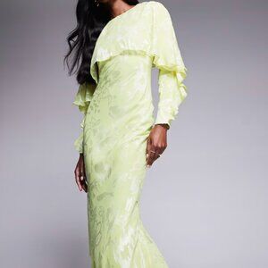 ASOS DESIGN long sleeve ruffle bias maxi dress with cape detail in floral jacqua